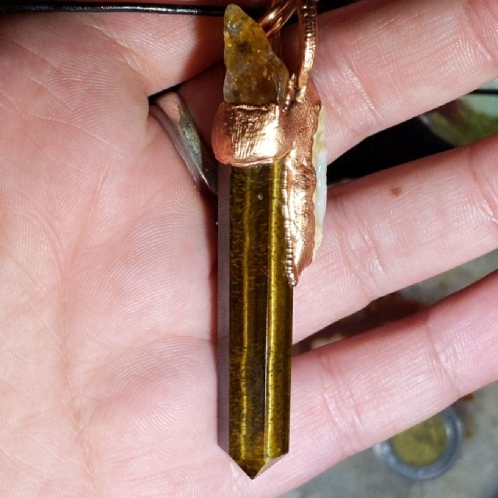 'Terrawver' Australian White Opal, Tigers Eye Tower & Raw Citrine Necklace - Picture 4 of 8